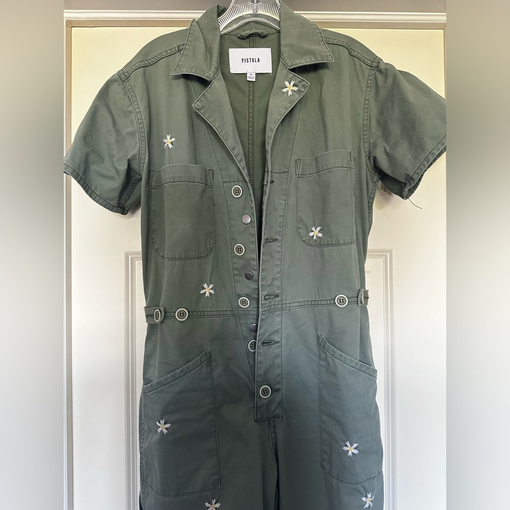 Green jumpsuit with pretty white flowers